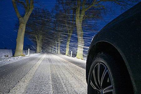 Die Scheinwerfer eines stehenden Autos erhellen die Dunkelheit im dichten Schneefall auf einer Allee in Ostbrandenburg.