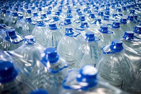 Wasserflaschen stehen in einer Fabrik zur Produktion von Mineralwasser.