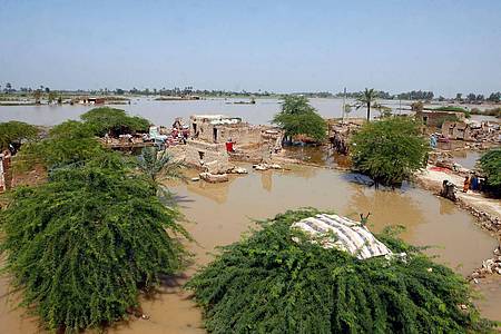Hochwasser umgibt nach starken Monsunregenfällen Häuser im Bezirk Shikarpur.