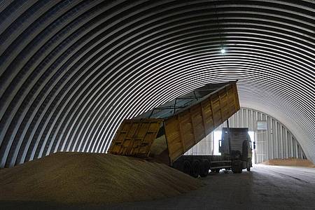 Ein LKW entlädt Getreide in einem Getreidespeicher in dem ukrainischen Dorf Shuriwka.